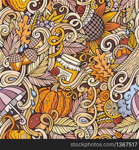 Cartoon cute doodles hand drawn autumn seamless pattern. Colorful detailed, with lots of objects background. Endless funny vector illustration. Color backdrop with fall season symbols and items. Cartoon cute doodles autumn seamless pattern