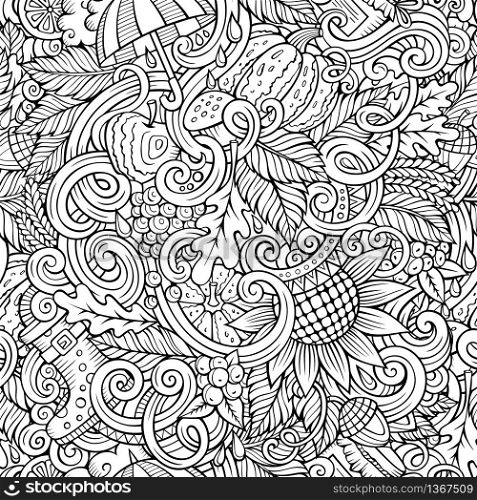 Cartoon cute doodles hand drawn autumn seamless pattern. Monochrome detailed, with lots of objects background. Endless funny vector illustration. Line art backdrop with fall season symbols and items. Cartoon cute doodles autumn seamless pattern