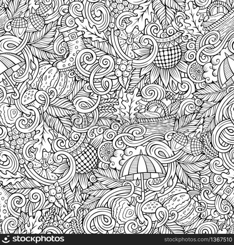Cartoon cute doodles hand drawn autumn seamless pattern. Monochrome detailed, with lots of objects background. Endless funny vector illustration. Line art backdrop with fall season symbols and items. Cartoon cute doodles autumn seamless pattern