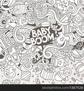 Cartoon cute doodles hand drawn baby frame design. Line art detailed, with lots of objects background. Funny vector illustration. Sketchy border with child theme items. Cartoon vector doodles baby boom frame