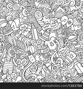 Cartoon cute doodles hand drawn Baby seamless pattern. Line art detailed, with lots of objects background. Endless funny vector illustration. All objects separate.. Cartoon cute doodles hand drawn Baby seamless pattern.