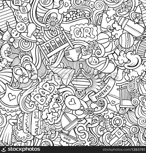 Cartoon cute doodles hand drawn Baby seamless pattern. Line art detailed, with lots of objects background. Endless funny vector illustration. All objects separate.. Cartoon cute doodles hand drawn Baby seamless pattern.