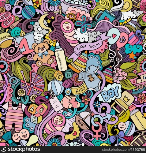 Cartoon cute doodles hand drawn Baby seamless pattern. Colorful detailed, with lots of objects background. Endless funny vector illustration. All objects separate.. Cartoon cute doodles hand drawn Baby seamless pattern.