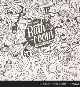Cartoon cute doodles hand drawn Bathroom frame design. Line art detailed, with lots of objects background. Funny vector illustration. Vintage border with bath room theme items. Cartoon doodles Bathroom frame