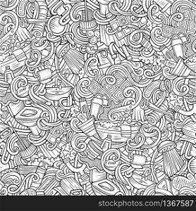 Cartoon cute doodles hand drawn Bathroom seamless pattern. Line art detailed, with lots of objects background. Endless funny vector illustration. Cartoon cute doodles Bathroom seamless pattern