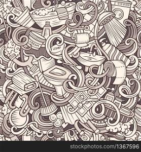 Cartoon cute doodles hand drawn Bathroom seamless pattern. Line art detailed, with lots of objects background. Endless funny vector illustration. Cartoon cute doodles Bathroom seamless pattern