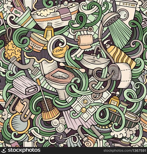 Cartoon cute doodles hand drawn Bathroom seamless pattern. Colorful detailed, with lots of objects background. Endless funny vector illustration. Cartoon cute doodles Bathroom seamless pattern