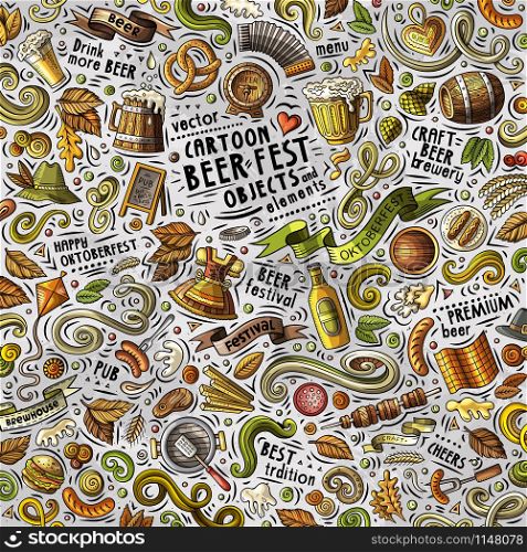 Cartoon cute doodles hand drawn Beer fest illustration with lots of objects . Funny vector artwork. Cartoon cute doodles hand drawn Beer fest illustration
