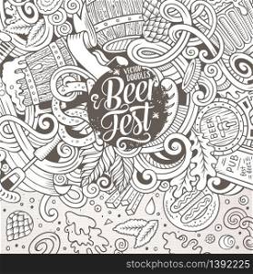 Cartoon cute doodles hand drawn Beer frame design. Line art detailed, with lots of objects background. Funny vector illustration.. Cartoon cute doodles hand drawn Beer frame design