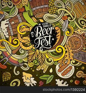 Cartoon cute doodles hand drawn Beer frame design. Colorful detailed, with lots of objects background. Funny vector illustration.. Cartoon cute doodles hand drawn Beer frame design