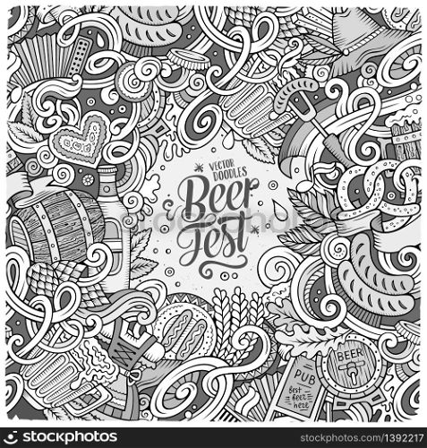 Cartoon cute doodles hand drawn Beer frame design. Sketchy detailed, with lots of objects background. Funny vector illustration.. Cartoon cute doodles hand drawn Beer frame design