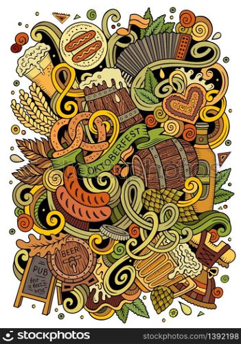 Cartoon cute doodles hand drawn Beer illustration. Colorful detailed, with lots of objects background. Funny vector artwork. Bright colors picture with Oktoberfest theme items. Cartoon cute doodles hand drawn Beer illustration.