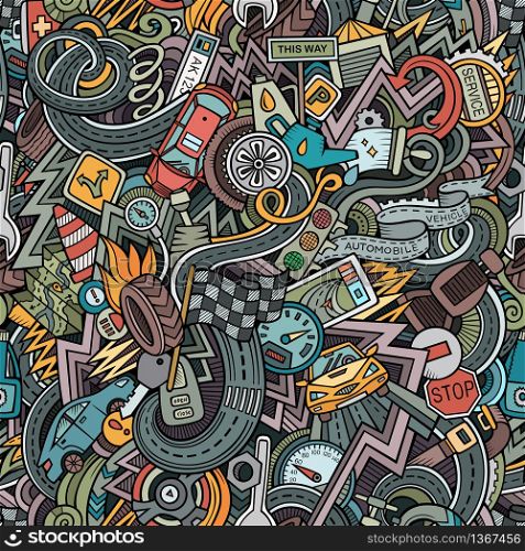 Cartoon cute doodles hand drawn Cars seamless pattern. Colorful detailed, with lots of objects background. Endless funny automobile vector illustration. Cartoon cute doodles hand drawn Cars seamless pattern