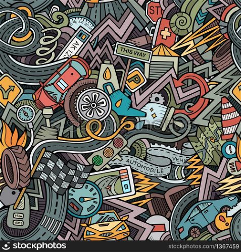 Cartoon cute doodles hand drawn Cars seamless pattern. Colorful detailed, with lots of objects background. Endless funny automobile vector illustration. Cartoon cute doodles hand drawn Cars seamless pattern