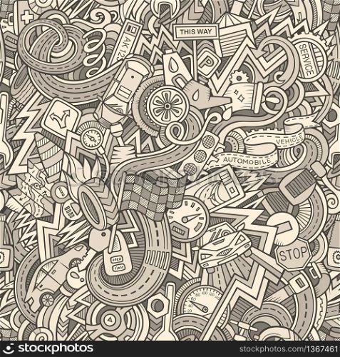 Cartoon cute doodles hand drawn Cars seamless pattern. Monochrome detailed, with lots of objects background. Endless funny automobile vector illustration. Cartoon cute doodles hand drawn Cars seamless pattern