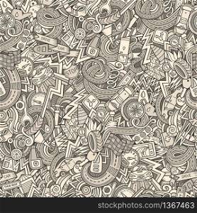 Cartoon cute doodles hand drawn Cars seamless pattern. Monochrome detailed, with lots of objects background. Endless funny automobile vector illustration. Cartoon cute doodles hand drawn Cars seamless pattern