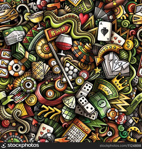 Cartoon cute doodles hand drawn Casino seamless pattern. Colorful detailed, with lots of objects background. Endless funny vector illustration. All objects separate.. Cartoon cute doodles hand drawn Casino seamless pattern.