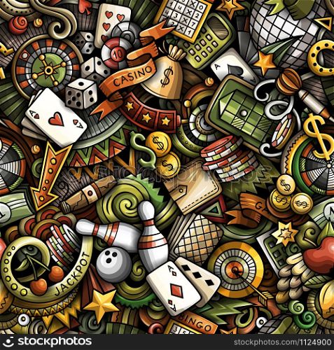 Cartoon cute doodles hand drawn Casino seamless pattern. Colorful detailed, with lots of objects background. Endless funny vector illustration. All objects separate.. Cartoon cute doodles hand drawn Casino seamless pattern.