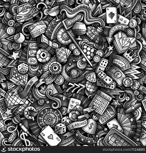 Cartoon cute doodles hand drawn Casino seamless pattern. Monochrome detailed, with lots of objects background. Endless funny vector illustration. All objects separate.. Cartoon cute doodles hand drawn Casino seamless pattern.