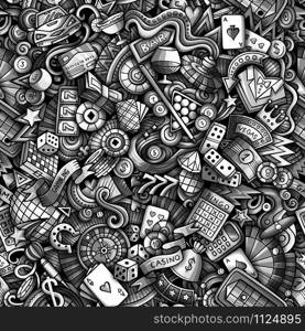 Cartoon cute doodles hand drawn Casino seamless pattern. Monochrome detailed, with lots of objects background. Endless funny vector illustration. All objects separate.. Cartoon cute doodles hand drawn Casino seamless pattern.