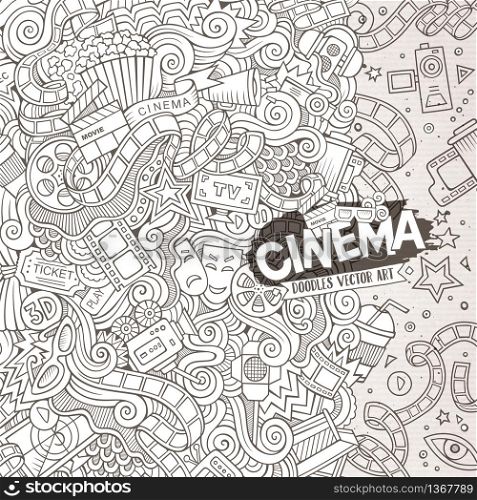 Cartoon cute doodles hand drawn cinema frame design. Line art detailed, with lots of objects background. Funny vector illustration. Sketchy border with movie theme items. Cartoon doodles cinema frame design