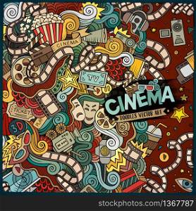 Cartoon cute doodles hand drawn cinema frame design. Colorful detailed, with lots of objects background. Funny vector illustration. Bright colors border with movie theme items. Cartoon cute doodles cinema frame design