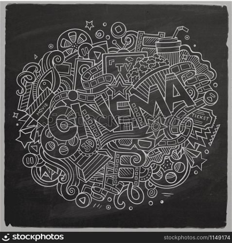 Cartoon cute doodles hand drawn Cinema inscription. Chalkboard illustration with movie theme items. Line art detailed, with lots of objects background. Funny vector artwork. Cartoon cute doodles hand drawn Cinema inscription. Illustration