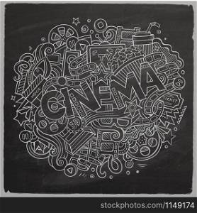 Cartoon cute doodles hand drawn Cinema inscription. Chalkboard illustration with movie theme items. Line art detailed, with lots of objects background. Funny vector artwork. Cartoon cute doodles hand drawn Cinema inscription. Illustration