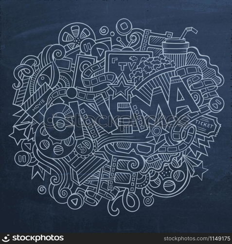 Cartoon cute doodles hand drawn Cinema inscription. Chalkboard illustration with movie theme items. Line art detailed, with lots of objects background. Funny vector artwork. Cartoon cute doodles hand drawn Cinema inscription. Illustration