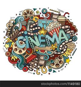 Cartoon cute doodles hand drawn Cinema inscription. Colorful illustration with movie theme items. Line art detailed, with lots of objects background. Funny vector artwork. Cartoon cute doodles hand drawn Cinema inscription