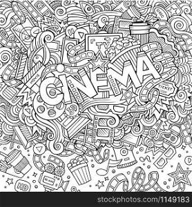 Cartoon cute doodles hand drawn Cinema inscription. Illustration with movie theme items. Line art detailed, with lots of objects background. Funny vector artwork. Cartoon cute doodles hand drawn Cinema inscription