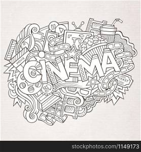 Cartoon cute doodles hand drawn Cinema inscription. Sketchy illustration with movie theme items. Line art detailed, with lots of objects background. Funny vector artwork. Cartoon cute doodles hand drawn Cinema inscription