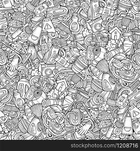 Cartoon cute doodles hand drawn Cleaning seamless pattern. Line art detailed, with lots of objects background. Endless funny vector illustration. All objects separate.. Cartoon cute doodles hand drawn Cleaning seamless pattern