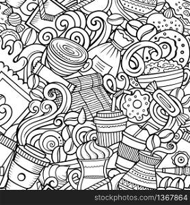 Cartoon cute doodles hand drawn Coffee Shop seamless pattern. Line art detailed, with lots of objects background. Endless funny vector illustration. All objects separate.. Cartoon cute doodles hand drawn Coffee Shop seamless pattern.