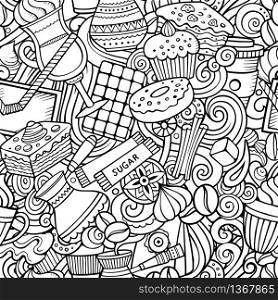 Cartoon cute doodles hand drawn Coffee Shop seamless pattern. Line art detailed, with lots of objects background. Endless funny vector illustration. All objects separate.. Cartoon cute doodles hand drawn Coffee Shop seamless pattern.