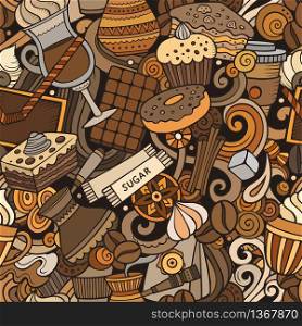 Cartoon cute doodles hand drawn Coffee Shop seamless pattern. Colorful detailed, with lots of objects background. Endless funny vector illustration. All objects separate.. Cartoon cute doodles hand drawn Coffee Shop seamless pattern