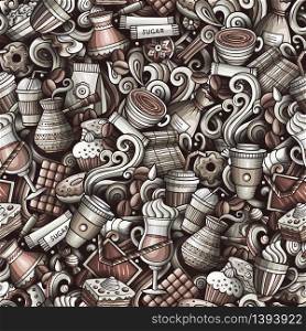 Cartoon cute doodles hand drawn Coffee Shop seamless pattern. Monochrome detailed, with lots of objects background. Endless funny vector illustration. All objects separate.. Cartoon cute doodles hand drawn Coffee Shop seamless pattern