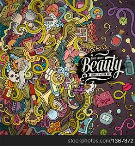 Cartoon cute doodles hand drawn cosmetics frame design. Line art detailed, with lots of objects background. Funny vector illustration. Colorful border with beauty theme items. Cartoon doodles cosmetics frame design