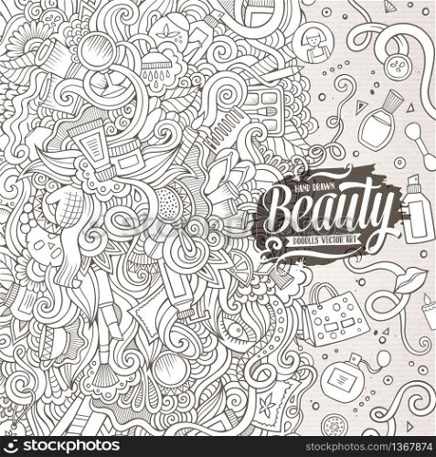 Cartoon cute doodles hand drawn cosmetics frame design. Line art detailed, with lots of objects background. Funny vector illustration. Sketchy border with beauty theme items. Cartoon doodles cosmetics frame design