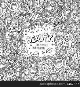 Cartoon cute doodles hand drawn cosmetics frame design. Line art detailed, with lots of objects background. Funny vector illustration. Sketchy border with beauty theme items. Cartoon doodles cosmetics frame design