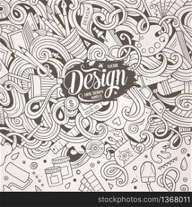 Cartoon cute doodles hand drawn design frame concept. Line art detailed, with lots of objects background. Funny vector illustration. Sketchy border with designer theme items. Cartoon cute doodles design frame