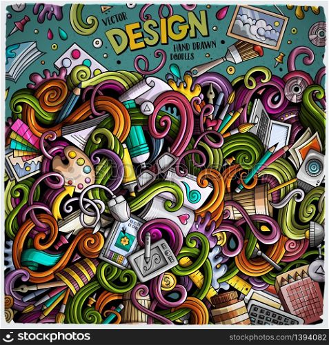 Cartoon cute doodles hand drawn design frame concept. Colorful detailed, with lots of objects background. Funny vector illustration. Bright colors border with designer theme items. Cartoon cute doodles design frame