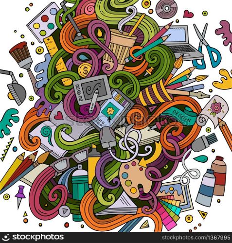 Cartoon cute doodles hand drawn Design illustration. Colorful detailed, with lots of objects background. Funny vector artwork. Bright colors picture with Artistic theme items. Cartoon cute doodles design illustration