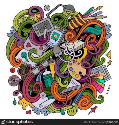 Cartoon cute doodles hand drawn Design illustration. Colorful detailed, with lots of objects background. Funny vector artwork. Bright colors picture with Artistic theme items. Cartoon cute doodles design illustration