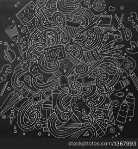 Cartoon cute doodles hand drawn Design illustration. Line art detailed, with lots of objects background. Funny vector artwork. Chalkboard picture with Artistic theme . Cartoon cute doodles design illustration