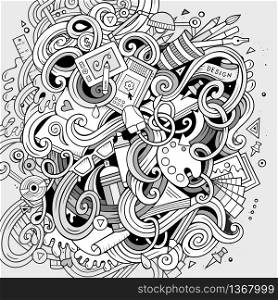 Cartoon cute doodles hand drawn Design illustration. Line art detailed, with lots of objects background. Funny vector artwork. Sketchy picture with Artistic theme. Cartoon cute doodles Design illustration