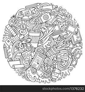 Cartoon cute doodles hand drawn Design illustration. Line art detailed, with lots of objects background. Funny vector artwork. Sketchy picture with Artistic theme. Cartoon cute doodles Design illustration