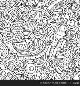 Cartoon cute doodles hand drawn Diet food seamless pattern. Line art detailed, with lots of objects background. Endless funny vector illustration. Cartoon cute doodles hand drawn Diet food seamless pattern