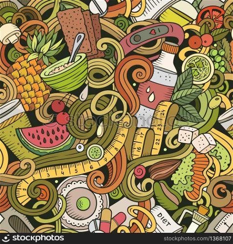 Cartoon cute doodles hand drawn Diet food seamless pattern. Colorful detailed, with lots of objects background. Endless funny vector illustration. All objects separate.. Cartoon cute doodles hand drawn Diet food seamless pattern