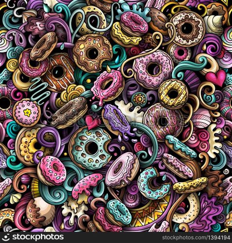 Cartoon cute doodles hand drawn Donuts seamless pattern. Colorful detailed, with lots of objects background. Endless funny vector sweet illustration. All objects separate.. Cartoon cute doodles hand drawn Donuts seamless pattern